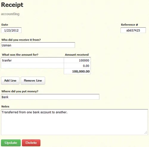 receipt created in manager accounting software